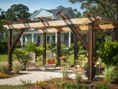 DIY Network's Blog Cabin 2013 is a circa-1892 coastal cottage located along the Crystal Coast in North Carolina. The home has been remodeled, based on online voters' selections, and will be given away to one lucky winner in a home sweepstakes in Fall 2013. Pictured is the pergola.