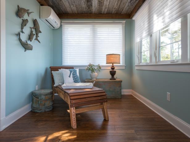 DIY Network's Blog Cabin 2013 is a circa-1892 coastal cottage located along the Crystal Coast in North Carolina. The home has been remodeled, based on online voters' selections, and will be given away to one lucky winner in a home sweepstakes in Fall 2013. Pictured is the sunroom.