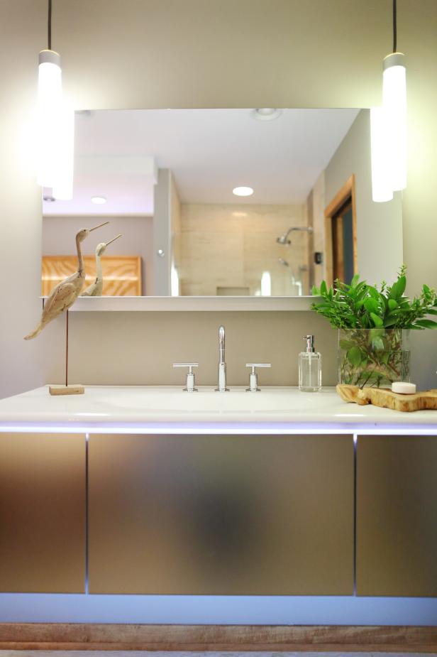 Beautiful Bathroom With Big Mirror Elegant Basin And Shower Stock