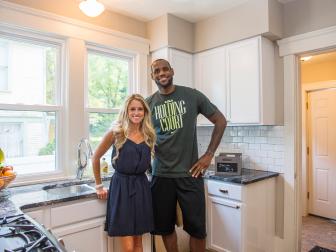 LeBron James and Host Nicole Curtis take time for a quick picture in the newly renovated and totally refreshed kitchen featured on Rehab Addict.