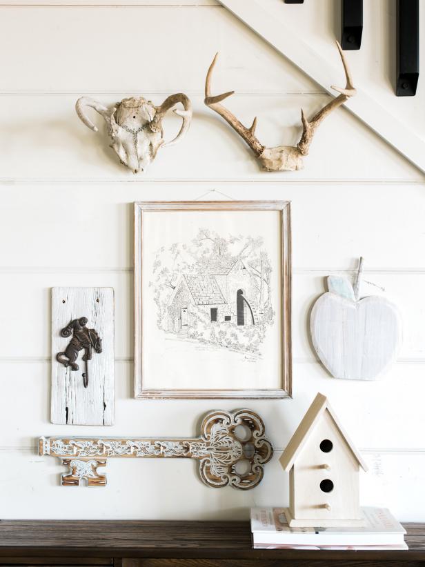 Create a cohesive vignette by updating different objects with a mixture of white paint and water.