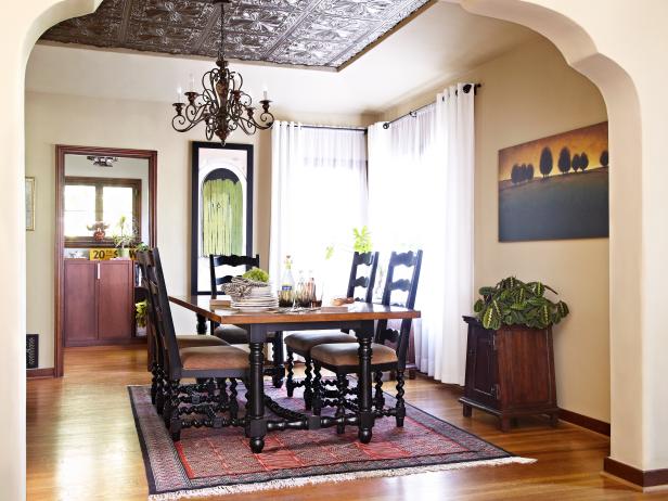 Bronze Tin Ceiling Tile in Neutral Dining Room