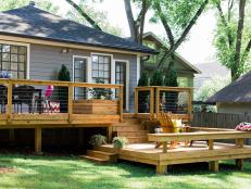 A multi-level deck provide two outdoor living areas on this beautiful outdoor deck. 