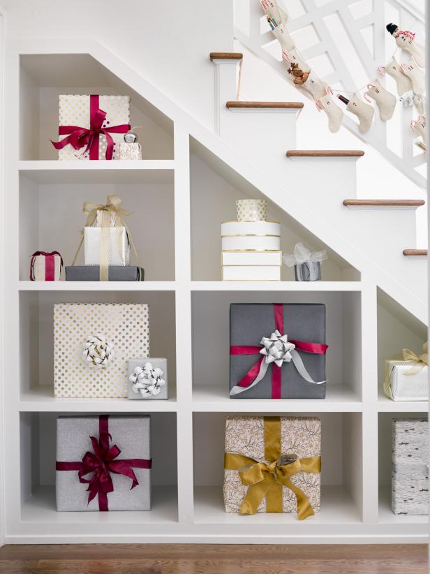 Christmas presents on shelves in elegant Atlanta showhouse 2016