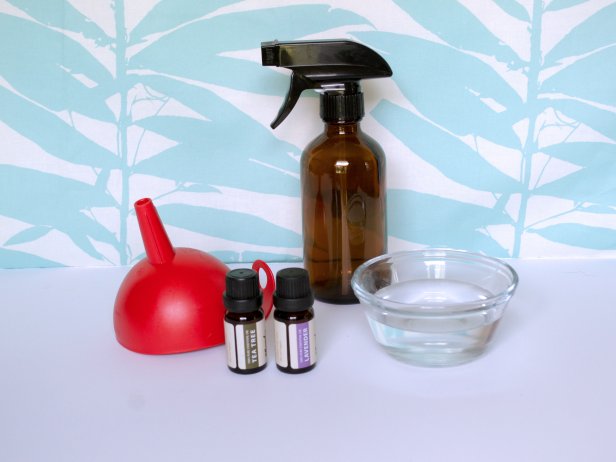 Brown Spray Bottle, Red Funnel, Essential Oil Bottles and Clear Bowl
