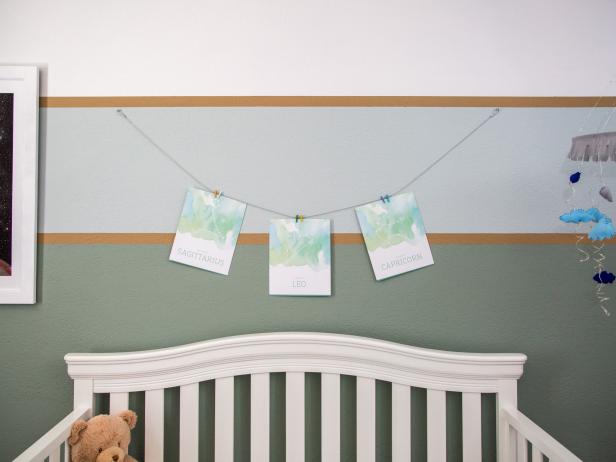 Keep it Light:

Artwork hung above a crib should be lightweight, in case of earthquakes, or hanging hardware failure. There are many creative and unique DIY projects that are safe to hang in a nursery.