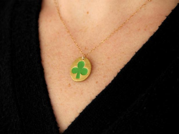 Wear the finished product! This clover necklace is the perfect simple, yet festive accessory to wear on St. Patrick's Day.