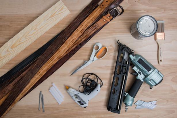Gather your tools and materials, and cut your wood frame to the size your leather belt headboard will need.