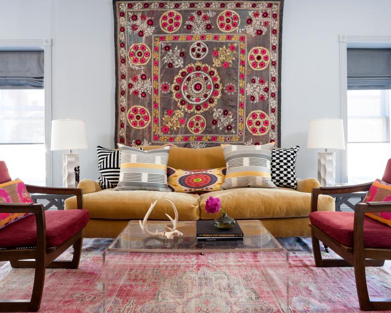 Living Room with Gold Sofa and Fuchsia Rug