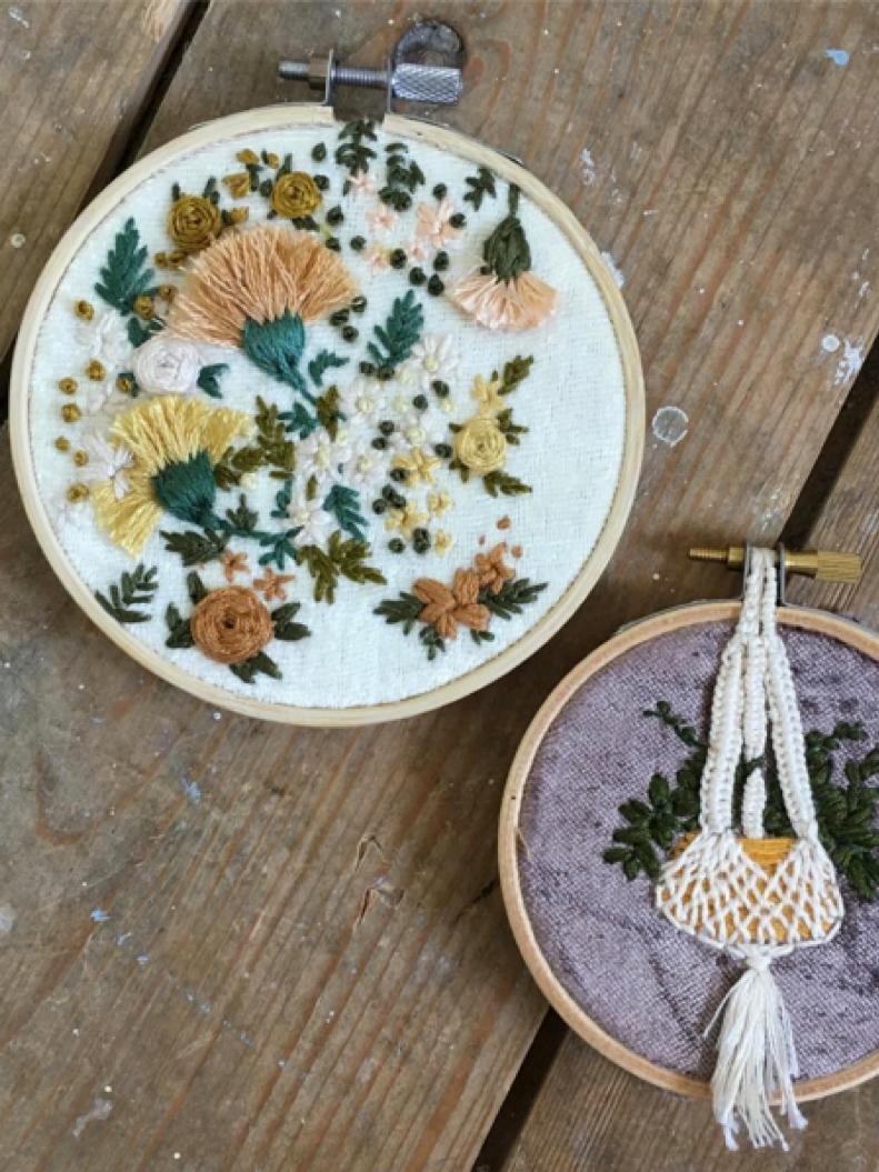 Two Embroidery Hoops With Florals and Leaves