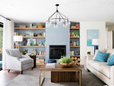 Contemporary Living Room With Grayish-Blue Fireplace Surround