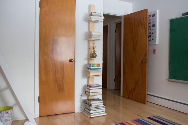 Use MDF and a 2x4 to build a vertical book tower.